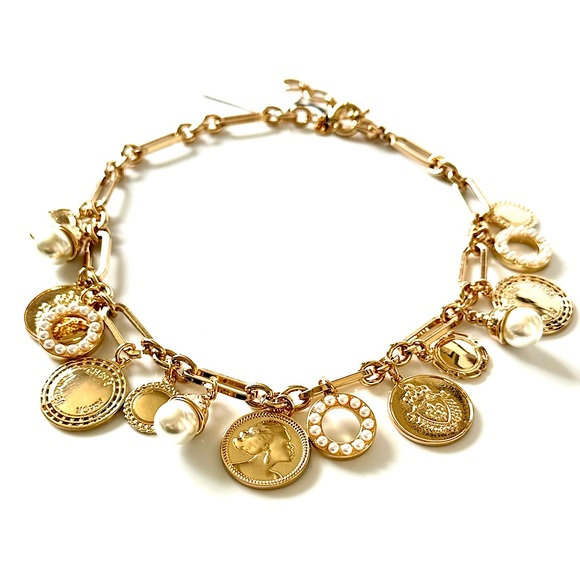 TALBOTS | Classic Sophistication Gold Coin Charm Necklace w/ Pearl Accents | NWT - Picture 1 of 9
